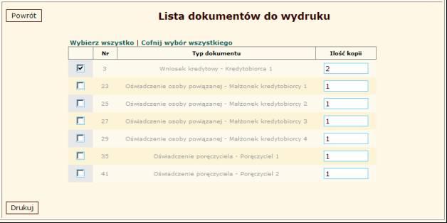 Poniżej zawarto ekran dla opcji Drukuj: Ekran 17 Lista dokumentów do wydruku Pole ilość kopii jest polem edytowalnym; domyślnie podpowiada się w nim wartość zdefiniowana w parametrach produktu lub