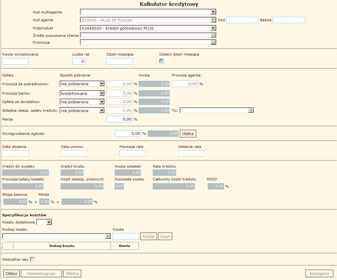 1. Kalkulator kredytowy Kalkulator jest pierwszym krokiem wprowadzania nowego wniosku.