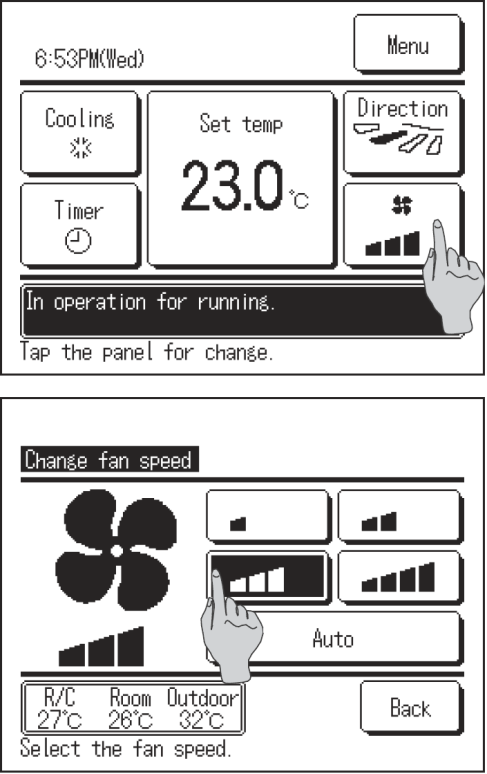 Change flap direction (zmiana kierunku żaluzji powietrza) 1 Nacisnąć przycisk Change flap direction (zmiana kierunku żaluzji powietrza) na ekranie głównym.