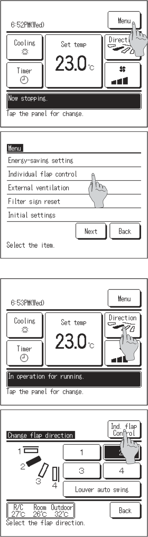 Individual flap control ( indywidualne sterowanie żaluzjami powietrza ) Istnieje możliwość określenia zakresu ruchu (górnej i dolnej pozycji granicznej) osobno dla każdej żaluzji wylotu powietrza.