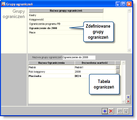Sposób pracy z programem 4 Specjalne 7 strona 475 Grupy ograniczeń Okno służy do definiowania grup ograniczeń w dostępie do danych, jakie można przypisać użytkownikom Grupy te są następnie