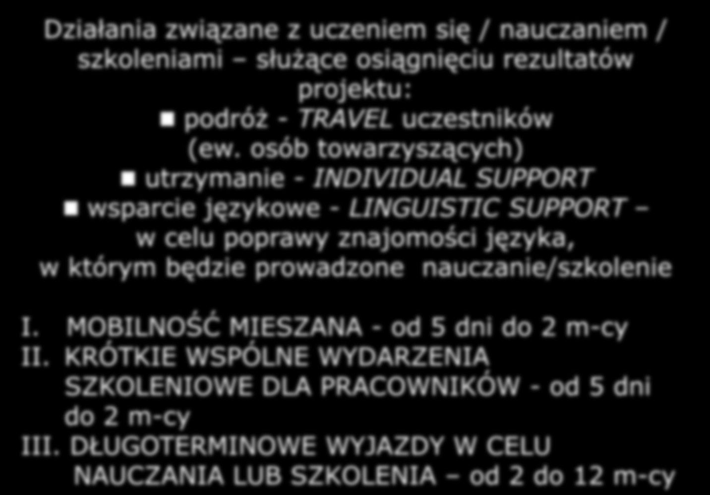 Partnerstwa Strategiczne Kształcenie i szkolenia zawodowe Dodatkowe moduły projektu Działania związane z uczeniem się / nauczaniem / szkoleniami służące osiągnięciu rezultatów projektu: podróż -