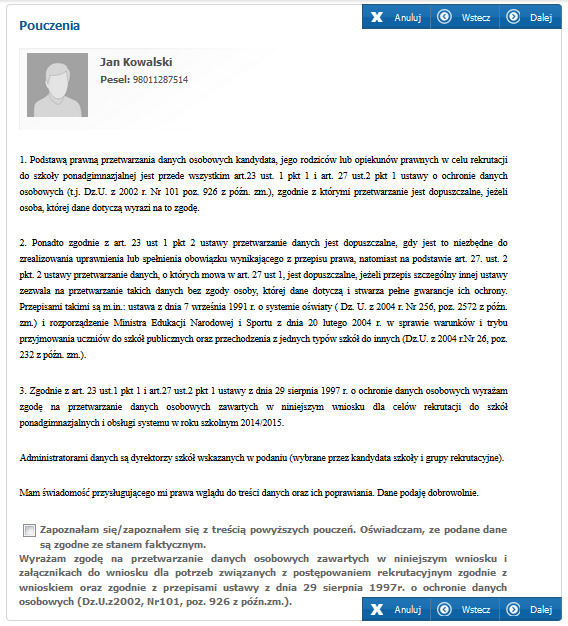 VI. Pouczenia Proszę zapoznać się z pouczeniami, zaznaczyć pole Zapoznałam/zapoznałem się z tres cią powyz szych pouczen. Os wiadczam, z e podane dane są zgodne ze stanem faktycznym.