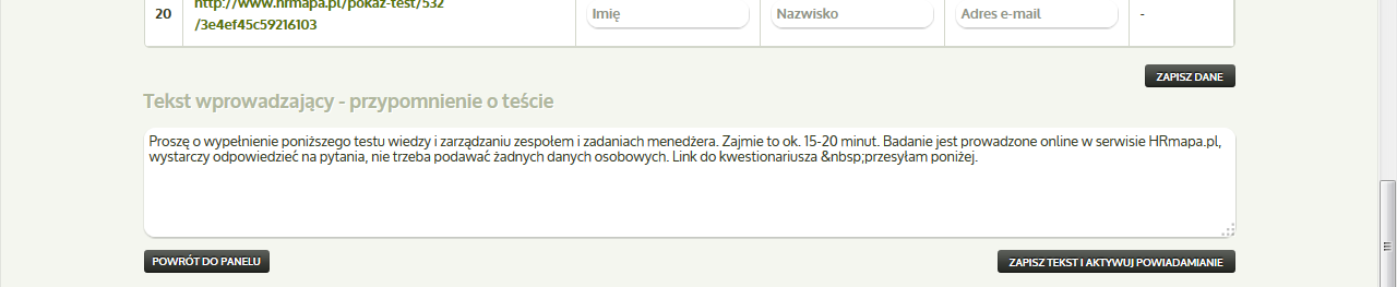 6b. W generatorze zaproszeń zobaczysz taka tabelę: Przypisz każdy link do jednej badanej osoby wpisz w stosowne pola jej imię, nazwisko, adres e-mail (jeśli masz więcej linków niż osób, możesz