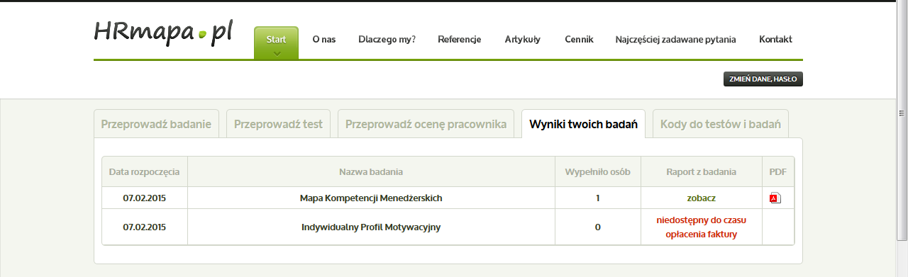 Jak zapoznać się z wynikami testu? Gdy podejrzewasz, że pracownicy już wypełnili test, zaloguj się a potem kliknij w zakładkę Wyniki twoich badań.