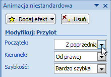 stosowana dla innych elementów w prezentacji. Do naszej wybierzmy z efektu Wejścia Przylot Rysujemy poziomą linię pod naszą listą Na karcie Formatowanie możemy określid jej właściwości np.