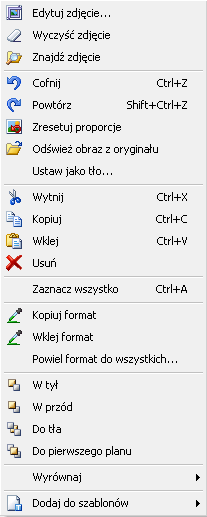 2 Ogólny zarys edytora MAWI Publisher Opcje paska menu pracy, obszar pracy i prawy przycisk myszy Pokaż miarki. Powiększ do całej strony. Pokaż siatkę. Powiększanie / Pomniejszanie Jakość zdjęcia.
