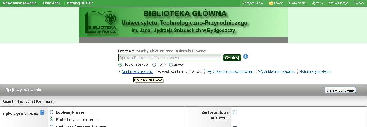 Ekran Wyszukiwania Podstawowego w multiwyszukiwarce EBSCO Discovery Service zapewnia dostęp poprzez jedno okienko wyszukiwawcze na platformie EBSCOhost do wszystkich zasobów biblioteki.