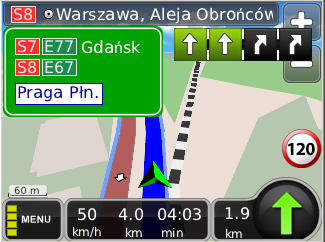 * 0 8* 9* Na pasku wyświetle są informacje o mieście, ulicy, i numerze drogi którymi się poruszasz. Opcjonalnie można także wyświetlać dane o pikietażu.