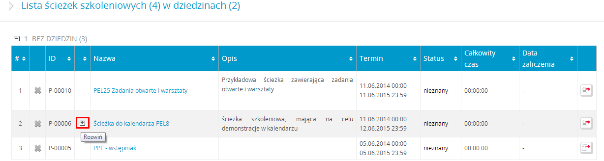 Rysunek 38 Lista przedmiotów Przypisane ścieżki szkoleniowe mogą być grupowane w dziedziny.