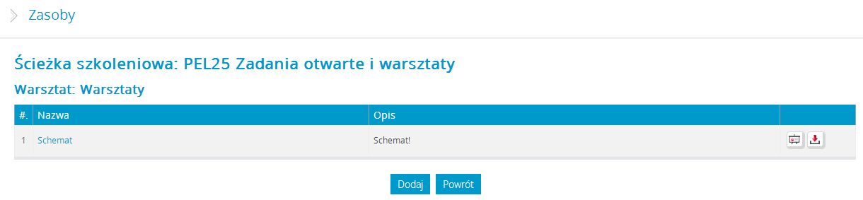 f) Zasoby warsztatów Podczas definiowania warsztatów trenerzy mogą dodawać załączniki w formie pliku np.: z treściami zadań, materiałami pomocniczymi, itp.