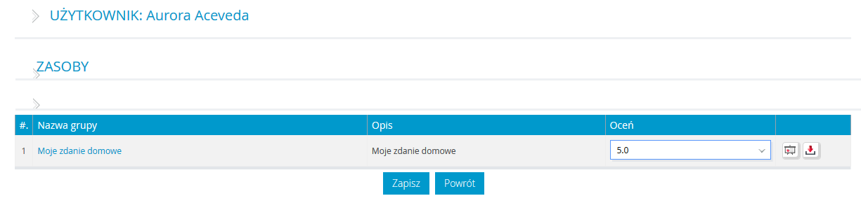 Rysunek 67 Lista współuczestników warsztatów Chcąc ocenić zasoby dodane przez pozostałych uczestników warsztatów użytkownik musi: nacisnąć na ikonę przypisaną do wybranego uczestnika warsztatów,