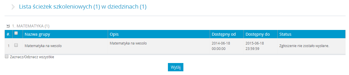 Rysunek 71 Wyświetlanie historii 3.4.3 Ścieżki szkoleniowe Zapisy Pozycja Zapisy umożliwia wyświetlenie ścieżek szkoleniowych, na które użytkownik może wysłać zgłoszenie chęci wzięcia w nich udziału.