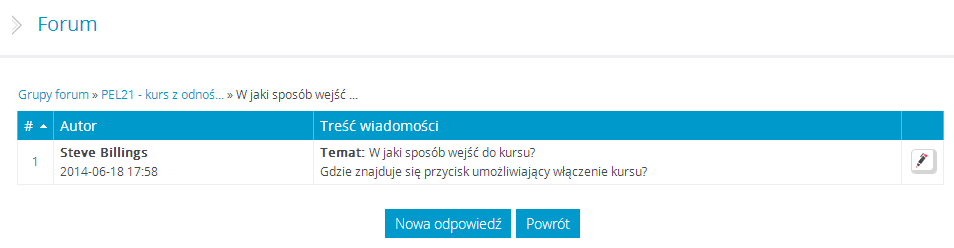 Rysunek 84 Lista tematów Chcąc dodać nowy temat do grupy tematycznej należy: z listy czynności wybrać opcję Dodaj nowy temat, uzupełnić formularz wprowadzając: o temat, o treść wiadomości, o