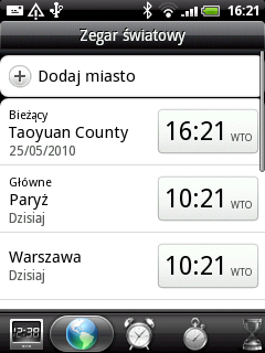 112 Instrukcja obsługi telefonu HTC Wildfire Korzystanie z ekranu Zegar światowy Skorzystaj z ekranu Zegar światowy aplikacji Zegar, aby jednocześnie sprawdzać aktualny czas w różnych miejscach na