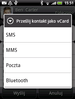 58 Instrukcja obsługi telefonu HTC Wildfire Wybierz sposób wysłania: 4. Wybierz typ informacji, które chcesz wysłać, a następnie stuknij Wyślij.