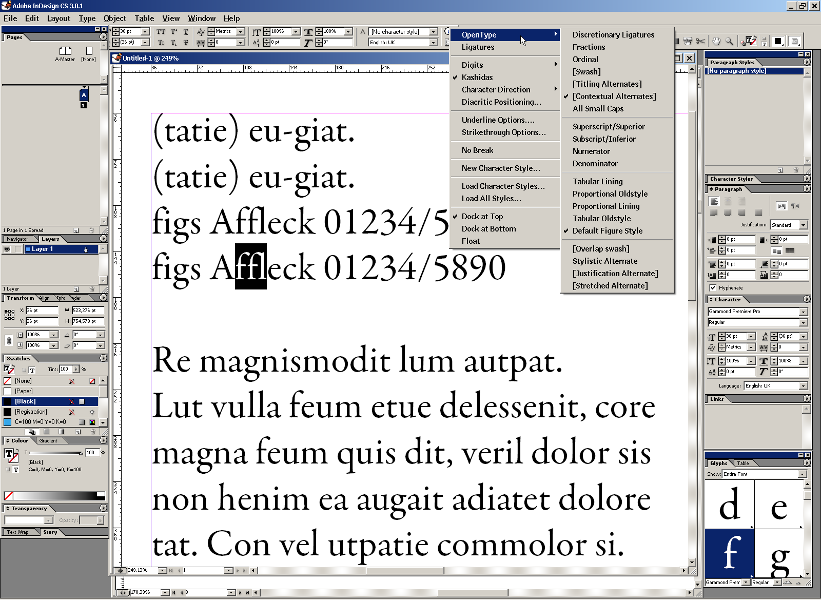Rys. 19. Dostęp do funkcji zecerskich OpenType w programie Adobe InDesign. Type 1 czy TrueType?
