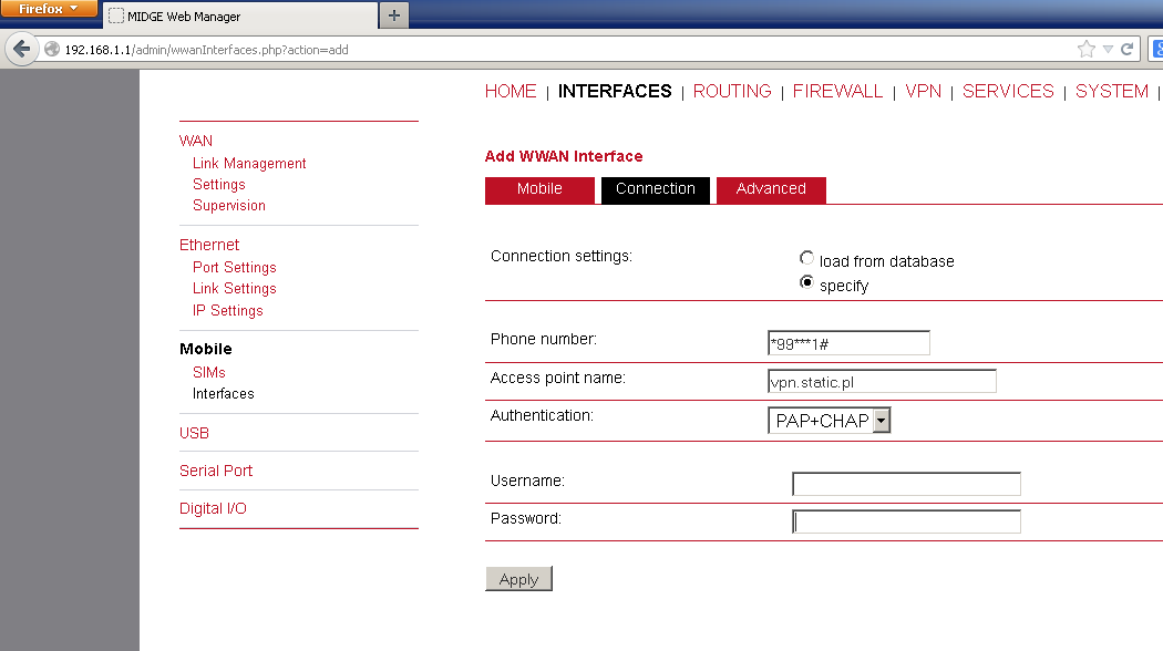 Następnie w zakładce Access point name wprowadzamy [ w przypadku sieci Orange ]: VPN.STATIC.