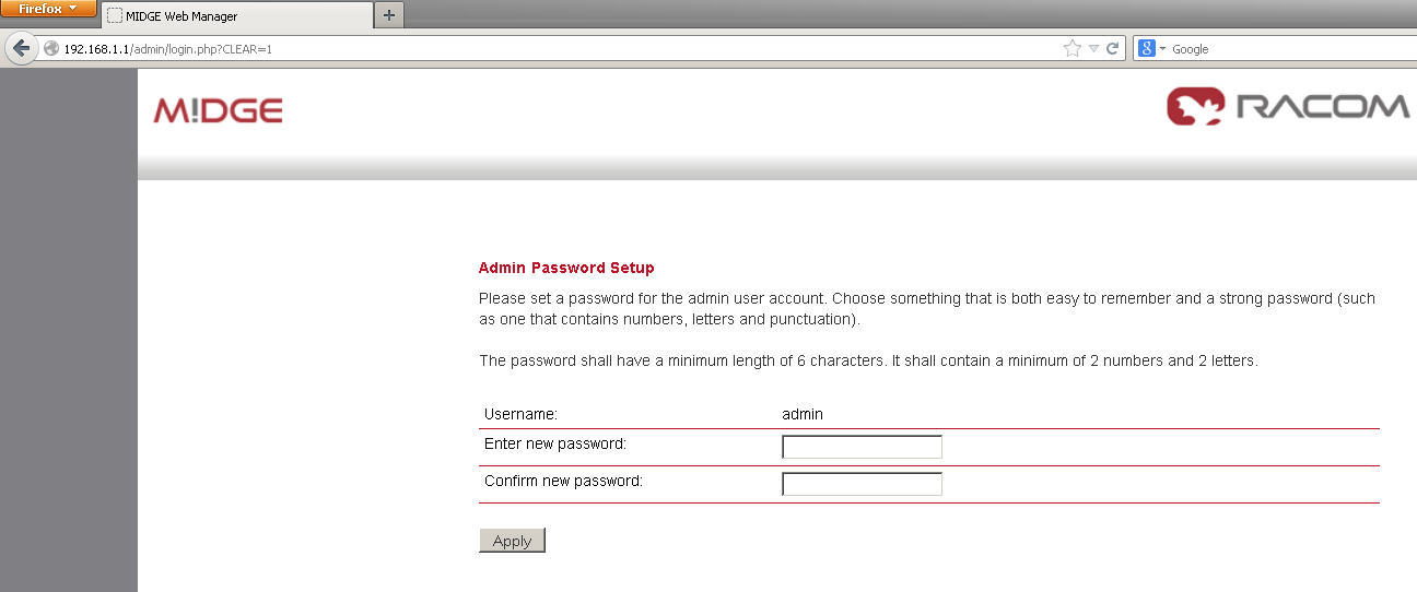 Rysunek: Pierwsze uruchomienie routera, musimy w polu Enter new password i confirm new