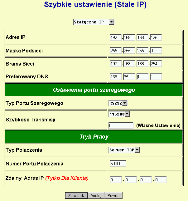 Po ustawieniu wartości na stronie Szybkie ustawienie należy kliknąć przycisk