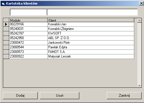 administrowanie kartoteką klientów Wyszukiwanie klientów w kartotece może odbywać się poprzez kombinację modulo klienta oraz jego nazwy.