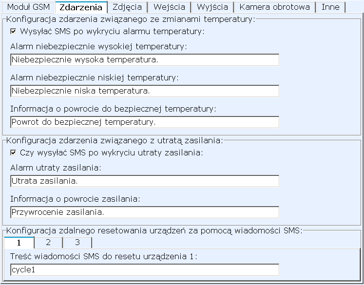 2.2. Zakładka Zdarzenia Konfiguracja zdarzenia związanego ze zmianami temperatury umożliwia wysłanie SMS o wybranej treści w przypadku przekroczenia bezpiecznych granic temperatury.