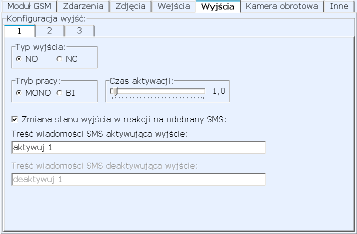 2.5. Zakładka Wyjścia Konfiguracja wyjść 1-3 wybór wyjścia, dla którego użytkownik zmienia ustawienia, Typ wyjścia - wybór wyjścia normalnie otwartego (NO) lub normalnie zamkniętego (NC), Tryb pracy