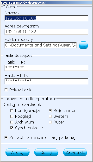 1.2. Edycja parametrów dostępowych Przed połączeniem z systemem Veronica, należy wypełnić odpowiednie pola konfiguracyjne: Nazwa nazwa wyświetlana na liście urządzeń, Adres zewnętrzny adres IP