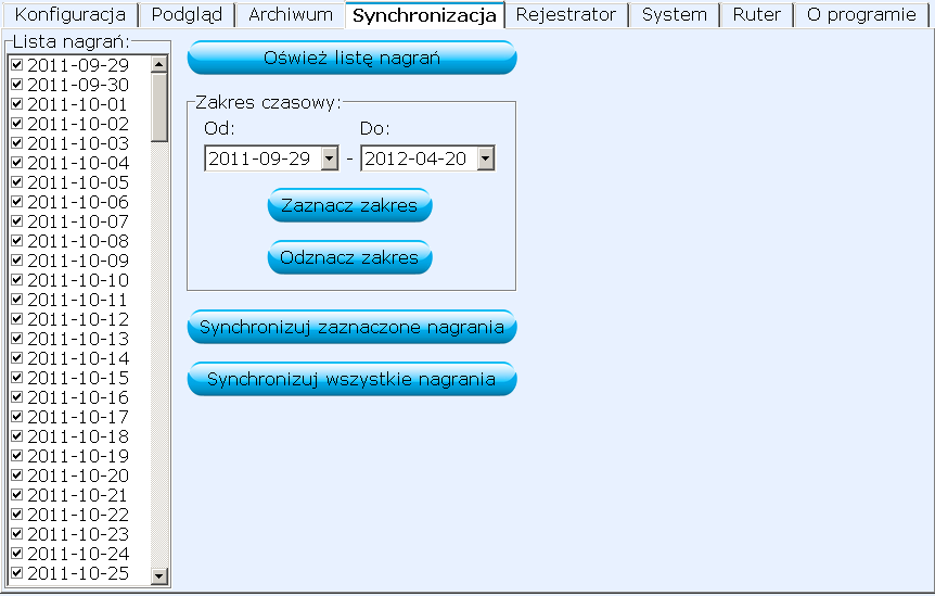 1.6. Zakładka Synchronizacja Zakładka Synchronizacja pozwala na pobranie tych zapisów poklatkowych, które nie są jeszcze zarchiwizowane na lokalnym dysku komputera PC.