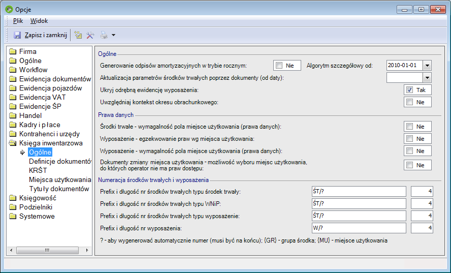Konfiguracja Księga Inwentarzowa Ogólne Konfiguracja księgi inwentarzowej Generowanie odpisów amortyzacyjnych w trybie rocznym umożliwia naliczenie amortyzacji w pełnej kwocie rocznego odpisu w