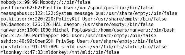Konta użytkowników Wszystkie potrzebne informacje na temat kont użytkowników zawarte są w pliku /etc/passwd.