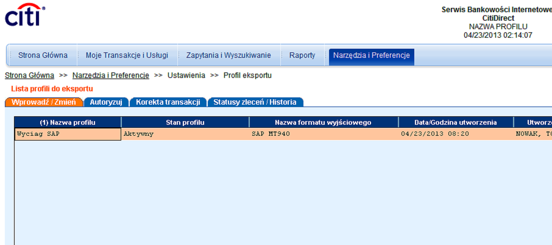 Nazwa formatu wyjściowego. Tutaj wybierz format danych. Po kliknięciu na strzałkę otworzy się lista, z której wybierz format SWIFT MT940 lub SAP MT940.