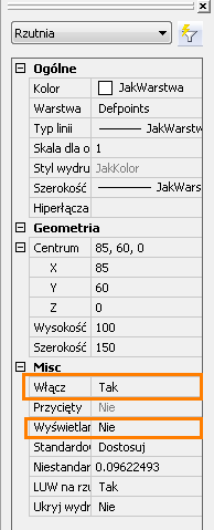 Odnajdź również ustawienia Włącz i ustaw na Nie, pozwoli to na edycję mniejszej rzutni. Wciśnij klawisz ESC, aby zakończyć edycję Właściwości Rzutni i odznaczyć ją.