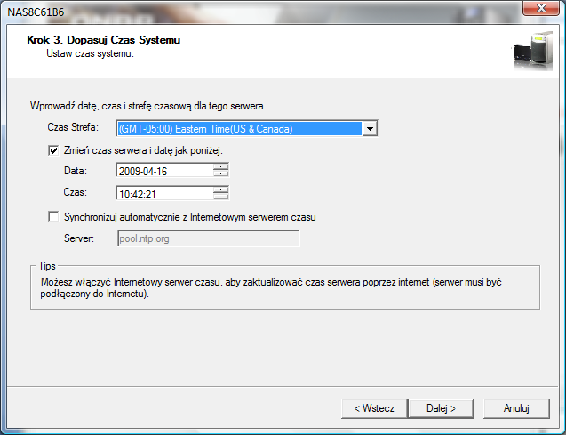 7. Krok 3 - konfiguracja daty i czasu, wybór strefy czasowej. Użytkownik może w tym kroku zdecydowad czy data i czas mają zostad wprowadzone ręcznie czy automatycznie synchronizowane z serwerem czasu.