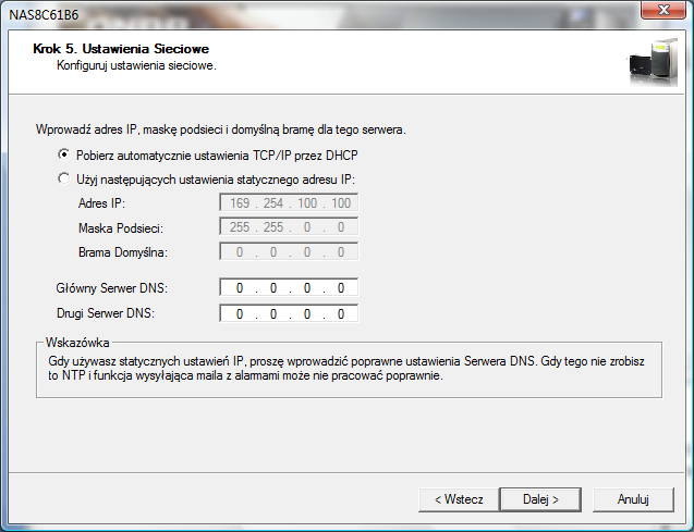 9. Krok 5 konfiguracja ustawieo sieciowych. Dostępne ustawienia to pobieranie adresu z serwera DHCP, lub statyczne przypisanie adresu.
