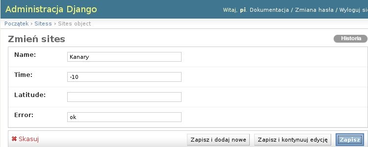 Wybieramy tabelę Sites. Możemy dowolnie edytować, dodawać lub usuwać elementy tabeli. Mamy również możliwość przejrzenia historii danego wpisu. Rysunek 19: Podgląd dowolnego elementu tabeli Sites.