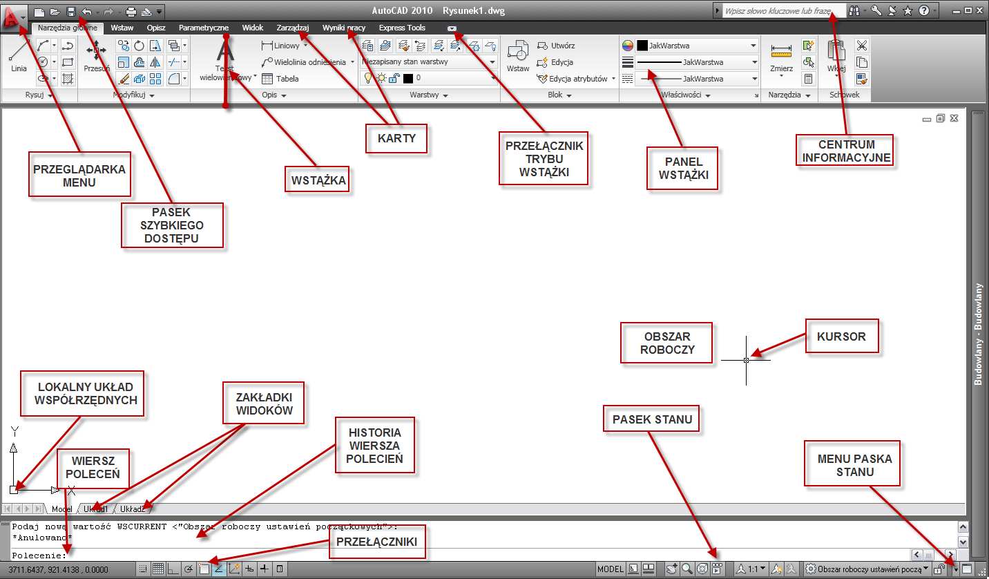 Tryby pracy w programie AutoCAD 2010 W zaleŝności od potrzeb moŝna skorzystać z trzech dostępnych w programie trybów których wybór umoŝliwia przycisk umiejscowiony w prawym dolnym rogu okna.