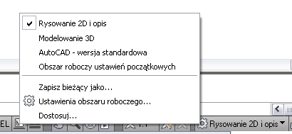 Rysunek 2 Okno główne programu AutoCAD 2010 widok domyślny Obszar roboczy główna część okna programu zawierająca wykonywany rysunek Zakładki widoków rysowanie odbywa się na zakładce Model, pozostałe