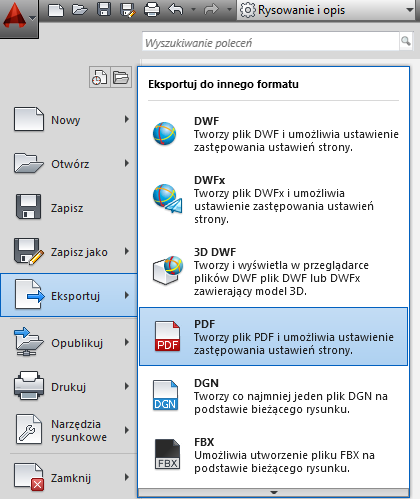 3. Eksportowanie Rysunek możemy również eksportować do formatu PDF poprzez klikniecie Plik Eksportuj PDF 4.