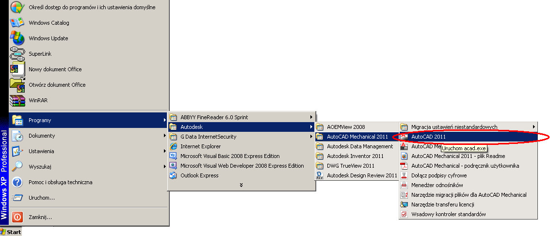 AutoCAD 1 Omówienie interfejsu programu AutoCAD (menu rozwijalne, paski przycisków, linia poleceń, linia informacyjna, obszar roboczy); rysowanie linii i okręgu; rysowanie precyzyjne z wykorzystaniem