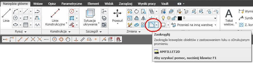 Zaokrąglanie Narysujmy rysunek jak na rys. 22. Rys. 18 Niech wierzchołek A ma promień zaokrąglenia 25. Wybierzmy ze wstążki Narzędzia ogólne, Zaokrąglij, rys. 23. Rys. 19 Proszę zwrócić uwagę na wiersz dialogowy, jaki się wówczas pojawi, rys.