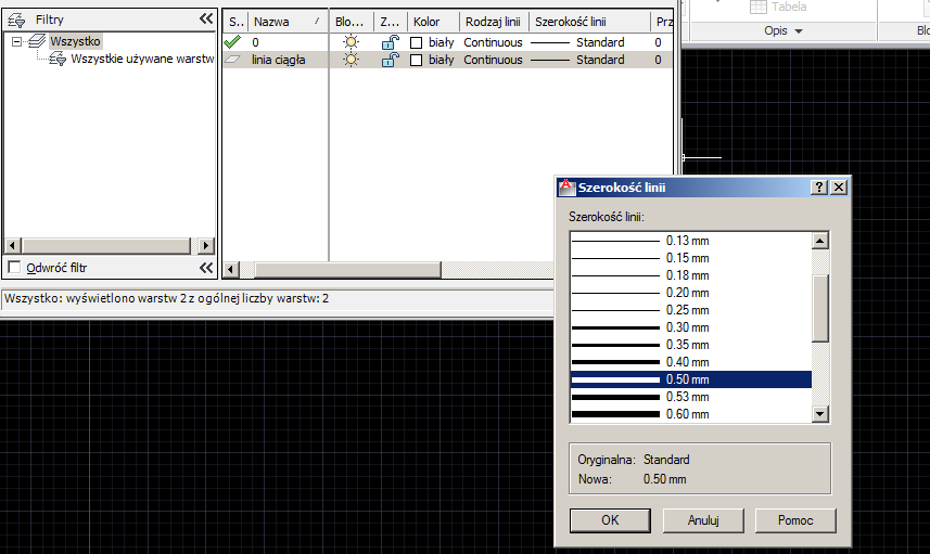 Definiujemy tryb linii Jako ciągła Definiujemy grubość linii (warto w tym momencie wspomnieć, że w