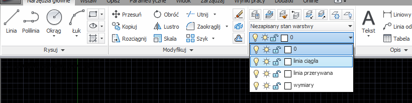 Ostatni etap to zdefiniowanie szerokości linii Definiujemy ostatnią warstwę: Nazwa warstwy: wymiary Rodzaj linii: ciągła Szerokość linii: 0,25 mm.