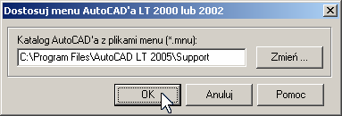 1.2. INSTALACJA I PRZYGOTOWANIE PROGRAMU DO PRACY 7 Rysunek 1.1: Wybór wersji systemu CAD. 5. Naciśnij przycisk Dostosuj menu AutoCAD a LT. Otworzy się okno pokazane na rysunku 1.2. W oknie tym naciśnij przycisk Zmień.