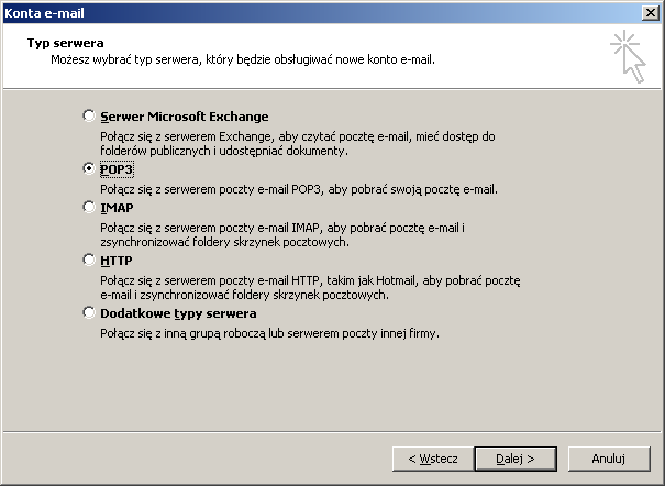 1.4. W następnym oknie wybieramy: POP3 1.5.