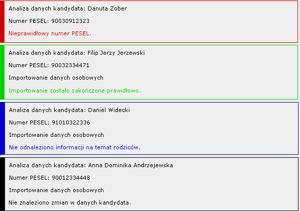 Etap I przekazywanie danych osobowych uczniów Rysunek 10. Fragment pełnego raportu o wysyłce.