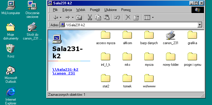 Sieci Komputerowe - Wprowadzenie do INTERNETU 14 Z informacji zawartej w tym oknie wynika, że udostępnione zostało kilka folderów na komputerze o nazwie Sala231-k2 oraz drukarka.