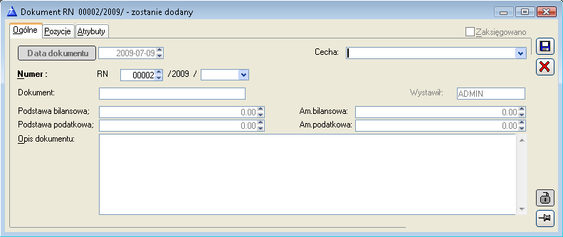Rys. 10.73 Dokument RN, zakładka: Ogólne. Numer i data dokumentu jest automatycznie wpisywana przez system (istnieje możliwość ich zmiany).