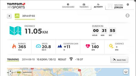 Wyścig Jak uzyskać dostęp do funkcji: Ekran aktywności (Activity screen) > Move Down (Przejdź w dół) > Training (Trening) > Race (Wyścig) > Recent (Ostatnie) lub MySports.