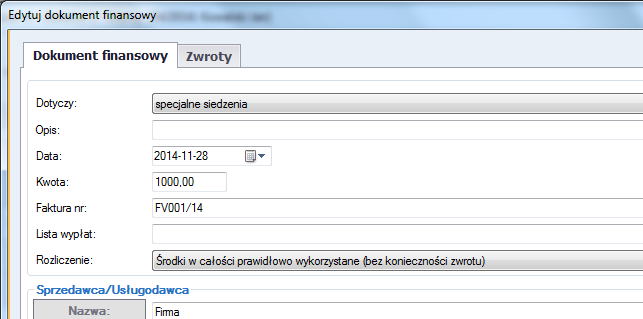 19 5.5.2. Dokumenty finansowe Edycja wniosku Zakładka Dofinansowanie (Dokumenty) Tutaj należy wprowadzić wszystkie dokumenty rozliczeniowe związane z wypłatą dofinansowania.